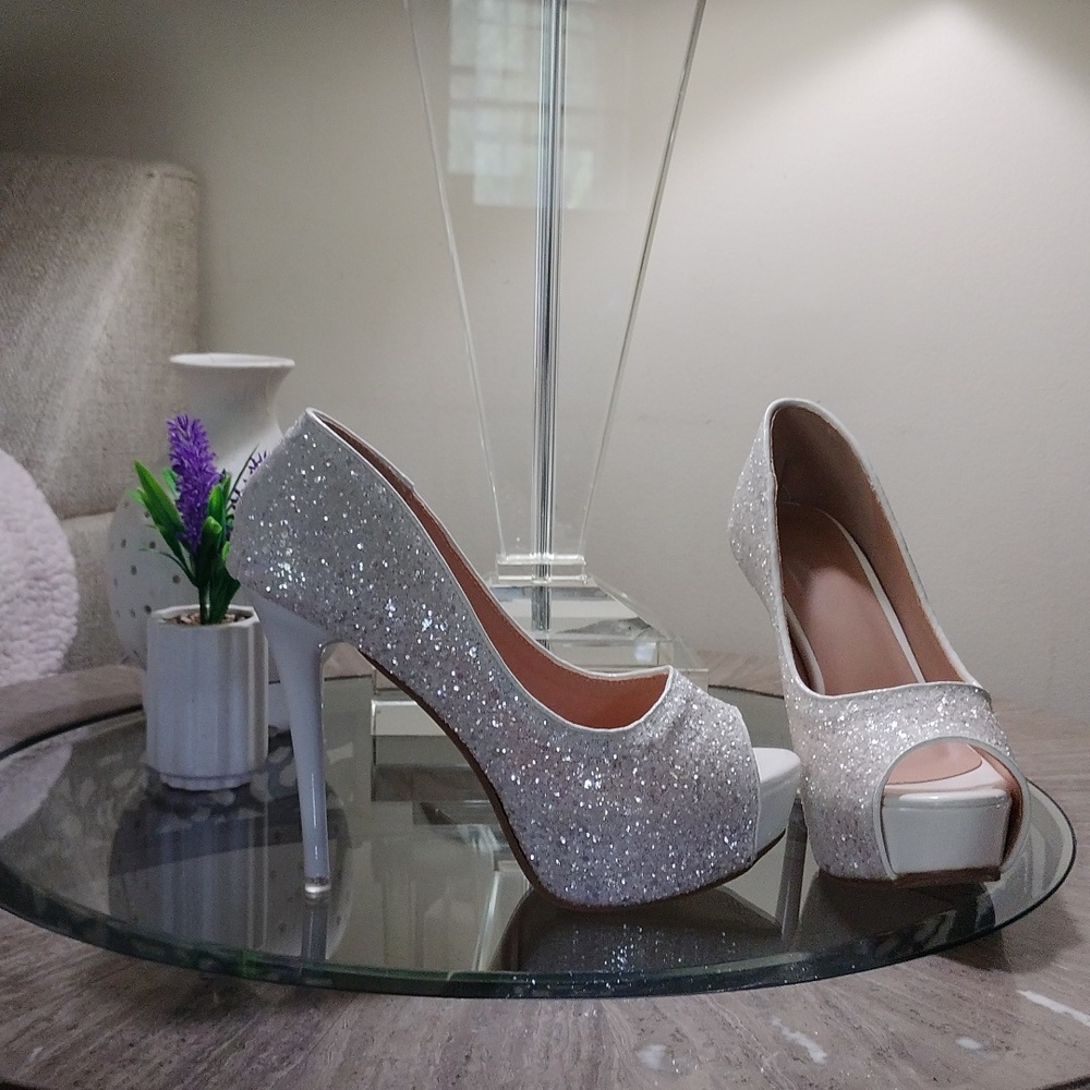 White glitter, open toe platform stilettos size 7